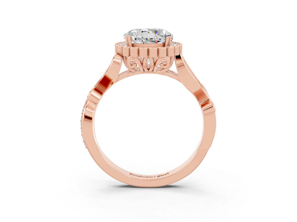 Rose gold Round Cut Moissanite Halo Ring with Vintage Split Shank and Four-Prong Setting