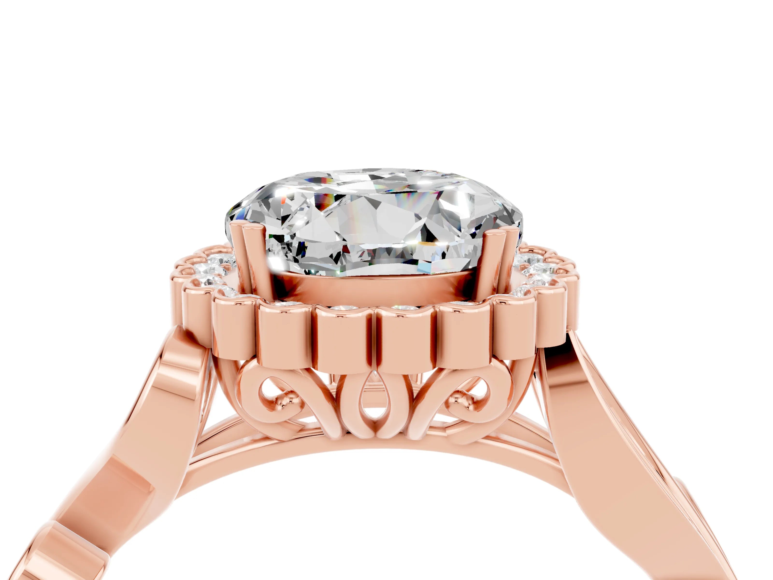Rose gold Round Cut Moissanite Halo Ring with Vintage Split Shank and Four-Prong Setting_4
