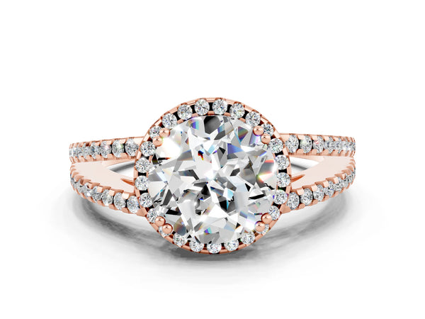 Rose gold Round Cut Moissanite Halo Split Shank Engagement Ring