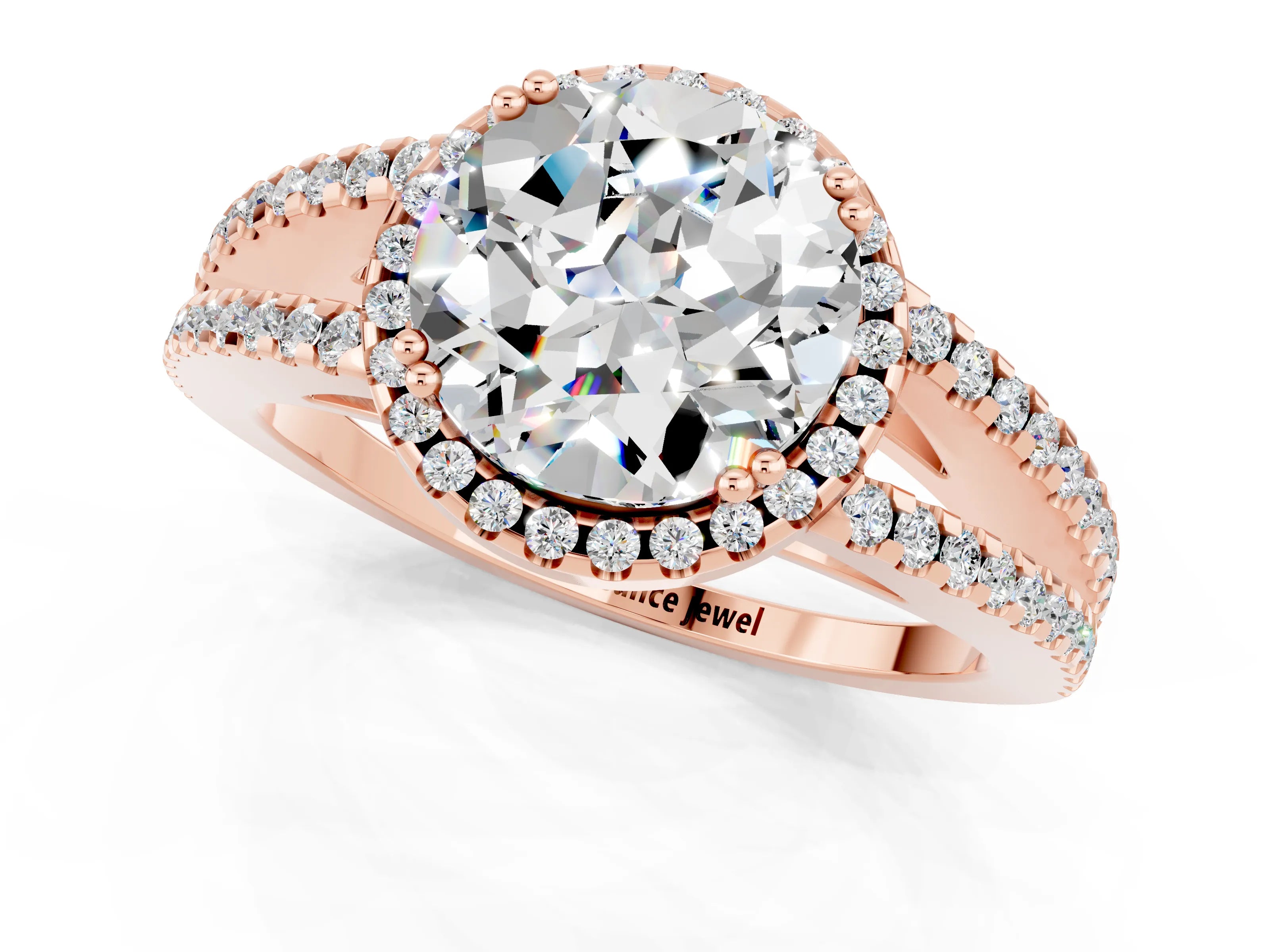 Rose gold Round Cut Moissanite Halo Split Shank Engagement Ring_13