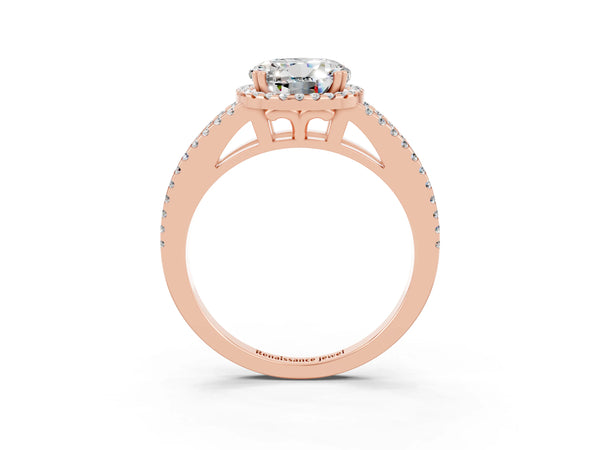 Rose gold Round Cut Moissanite Halo Split Shank Engagement Ring