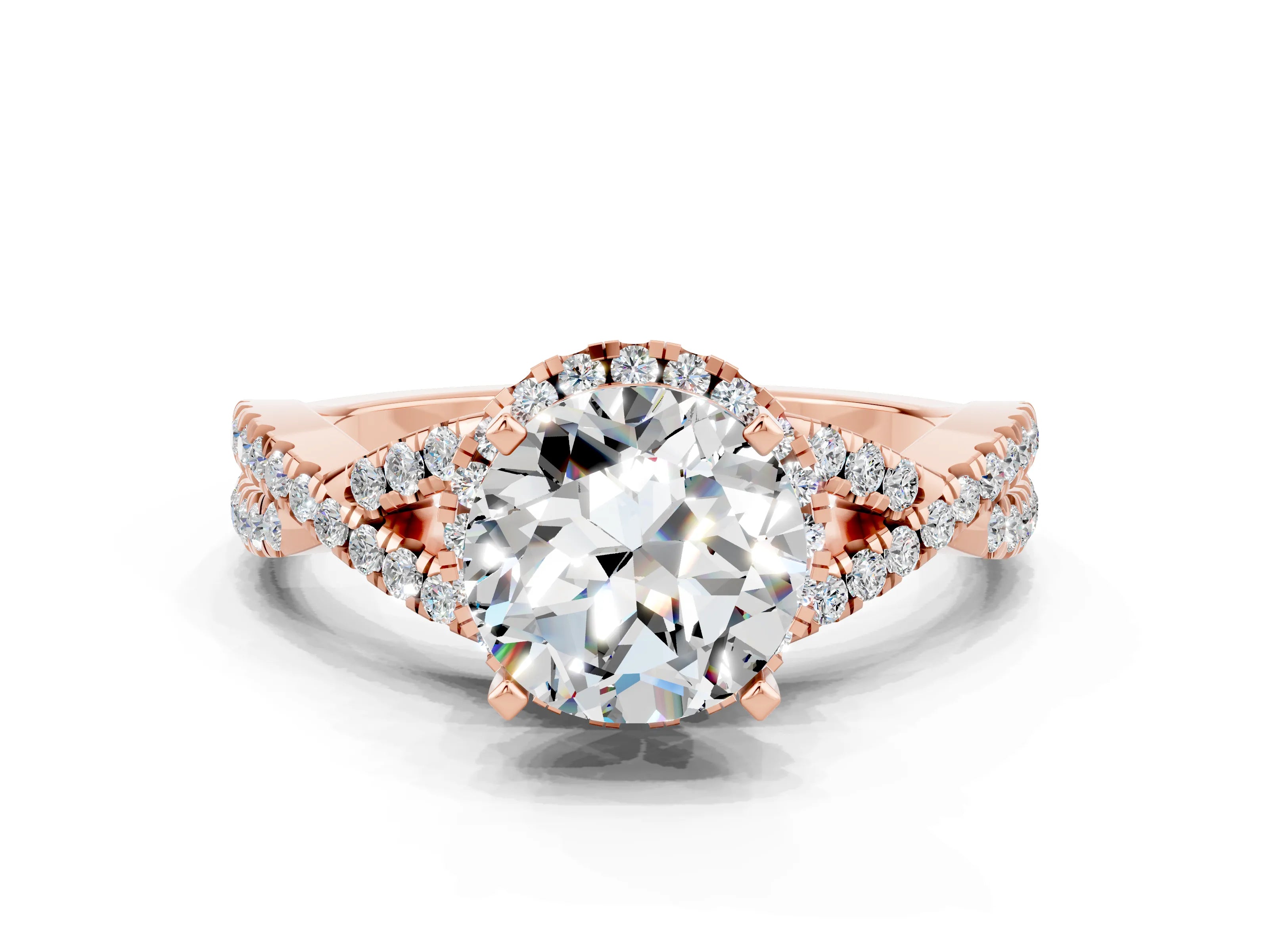 Rose gold Round Cut Moissanite Halo Twist Band Solitaire Prong Setting Ring