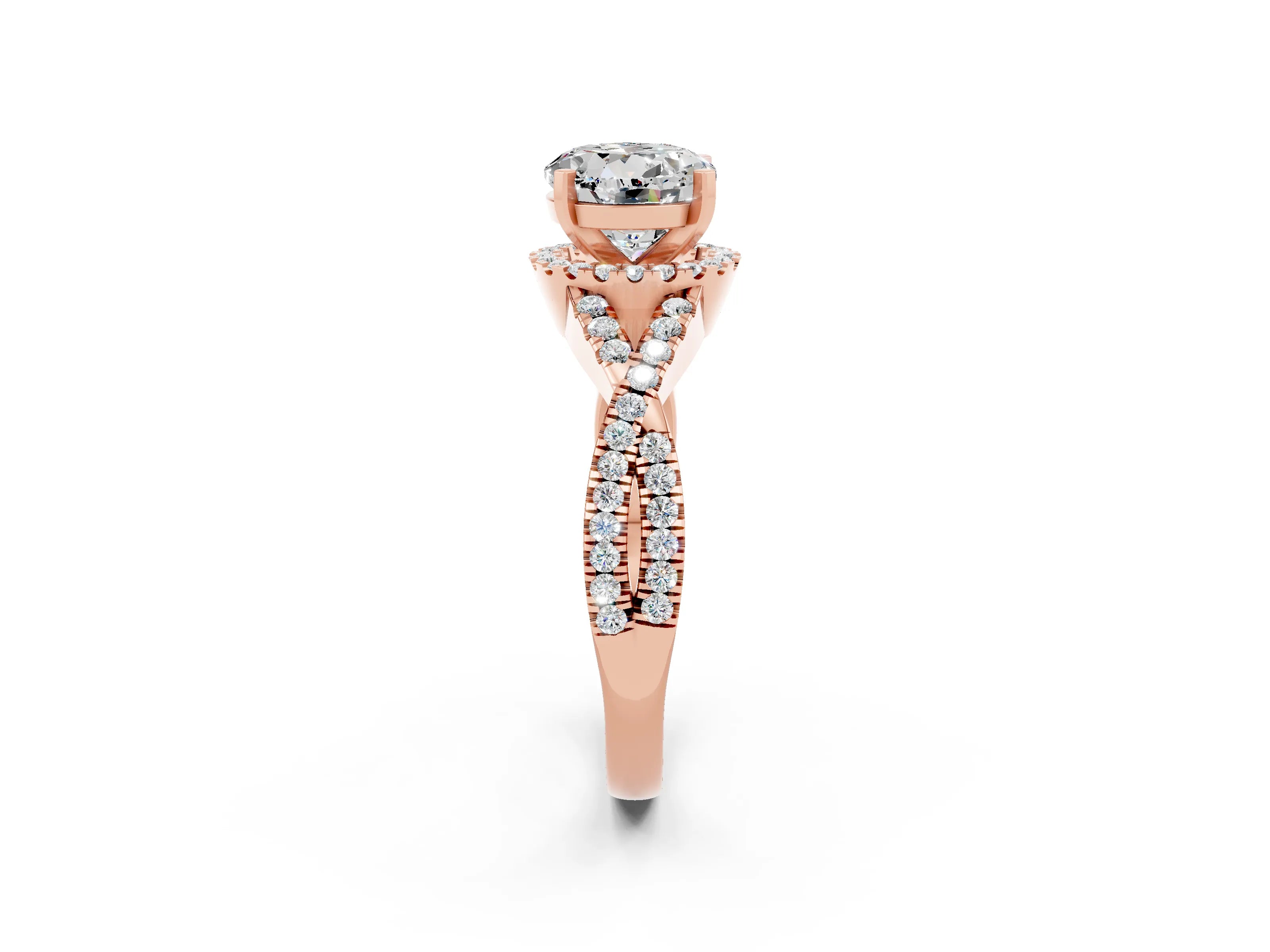 Rose gold Round Cut Moissanite Halo Twist Band Solitaire Prong Setting Ring_2