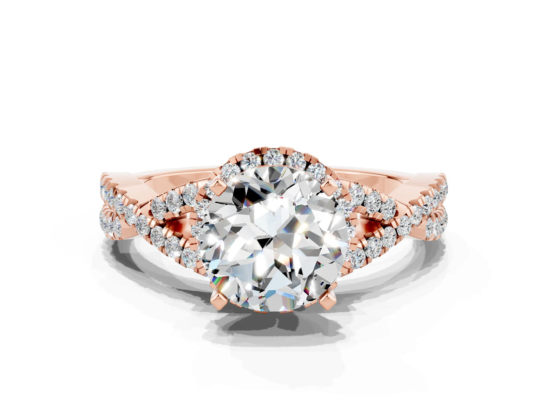 Rose gold Round Cut Moissanite  Halo Twist Band Solitaire Prong Setting Ring_36