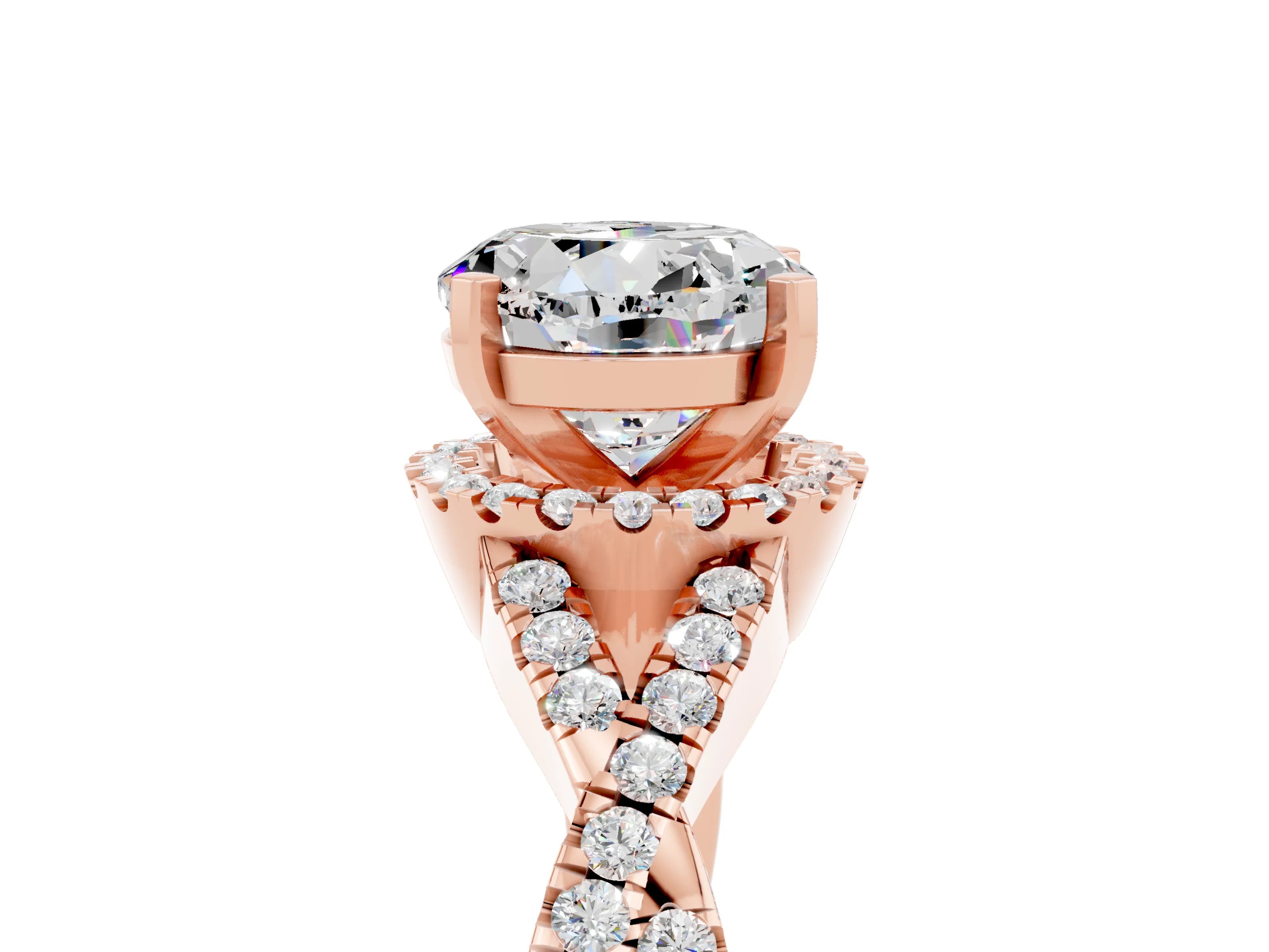Rose gold Round Cut Moissanite Halo Twist Band Solitaire Prong Setting Ring_5