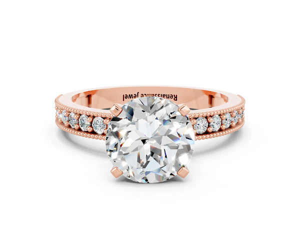 Rose gold Round Cut Moissanite Milgrain Pavé Engagement Ring with Four-Prong Setting