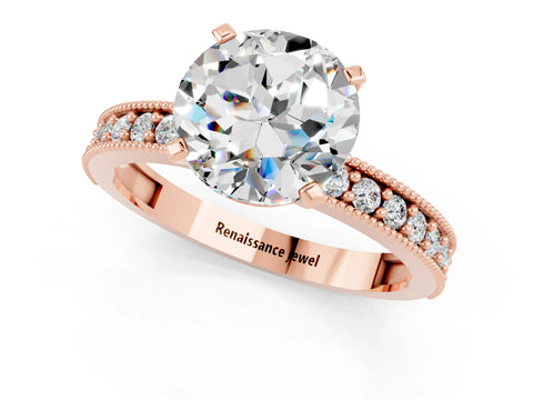 Rose gold Round Cut Moissanite Milgrain Pavé Engagement Ring with Four-Prong Setting_1