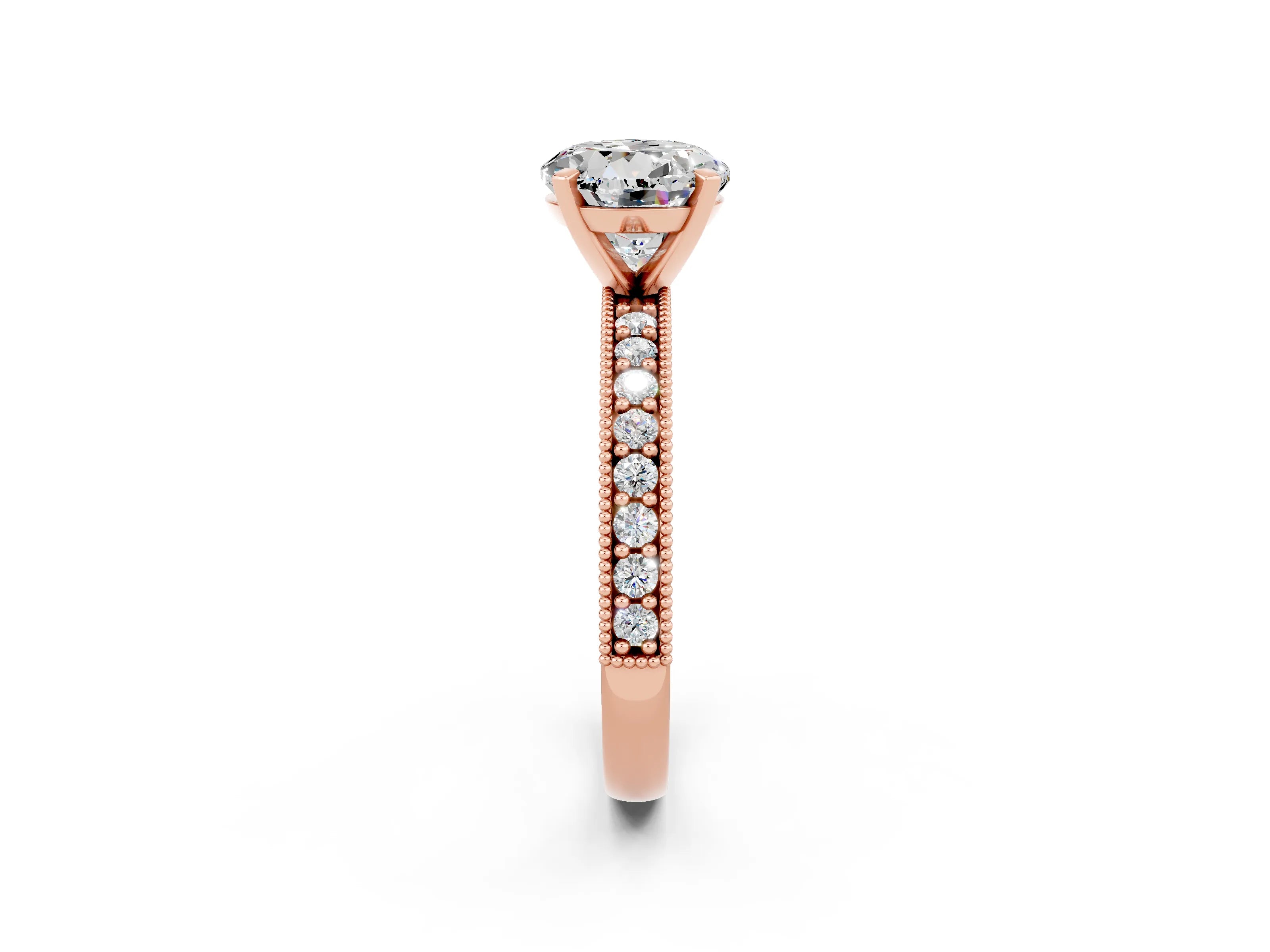 Rose gold Round Cut Moissanite Milgrain Pavé Engagement Ring with Four-Prong Setting_2