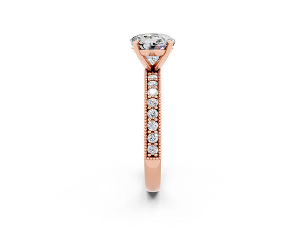 Rose gold Round Cut Moissanite Milgrain Pavé Engagement Ring with Four-Prong Setting