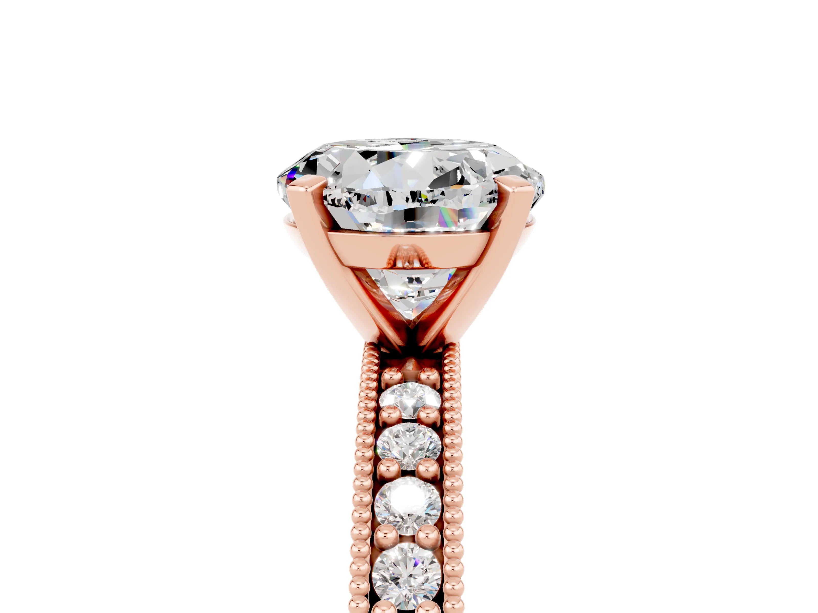 Rose gold Round Cut Moissanite Milgrain Pavé Engagement Ring with Four-Prong Setting_5
