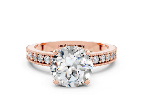 Rose gold Round Cut Moissanite Milgrain Pavé Engagement Ring with Four-Prong Setting