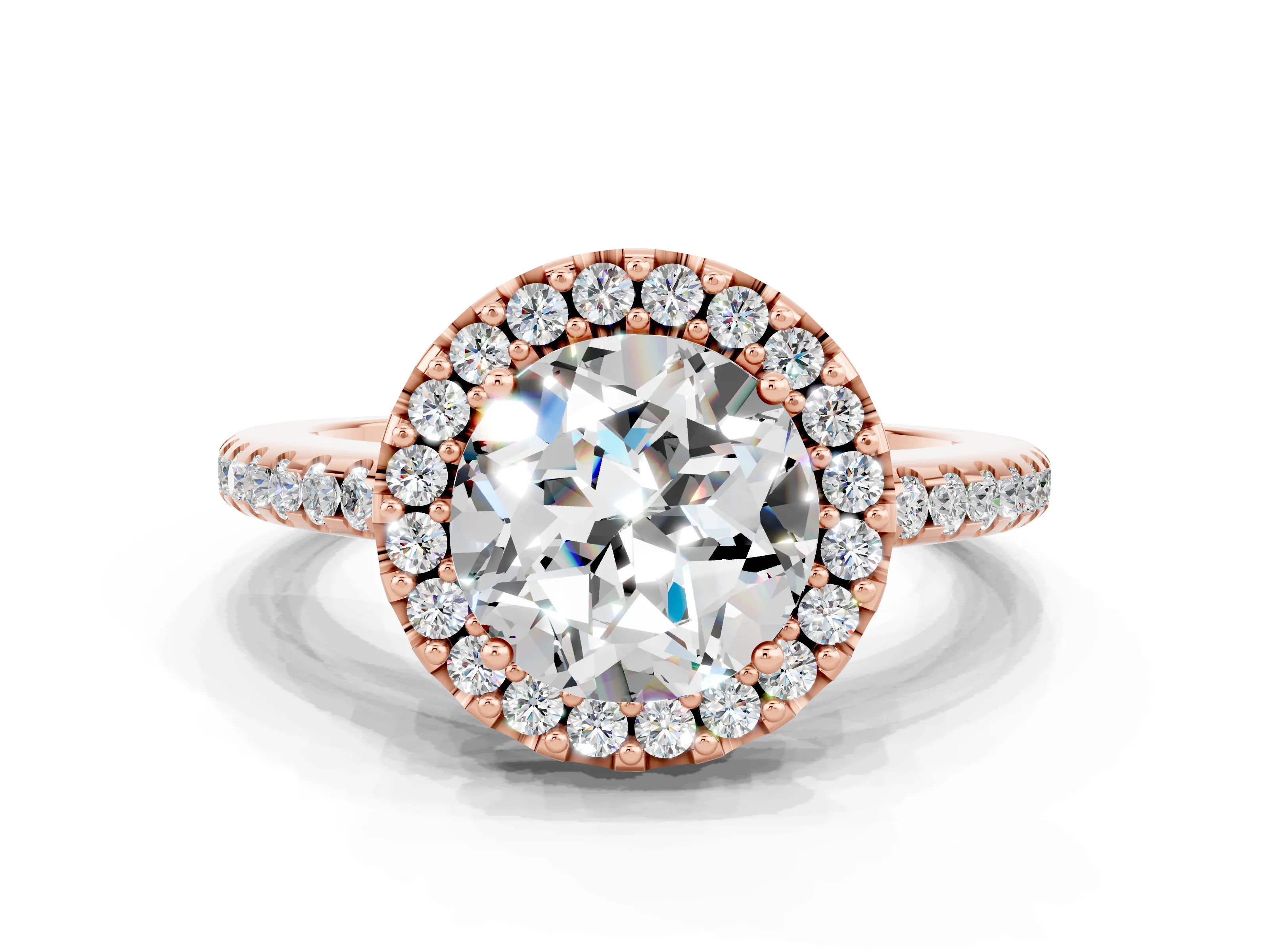 Rose gold Round Cut Moissanite Pavé Halo Ring with Four-Prong Setting_12