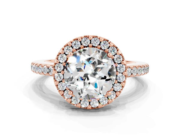 Rose gold Round Cut Moissanite Pavé Halo Ring with Four-Prong Setting
