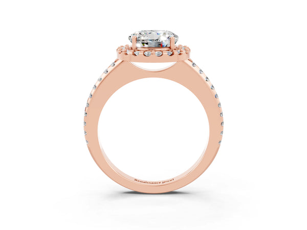 Rose gold Round Cut Moissanite Pavé Halo Ring with Four-Prong Setting