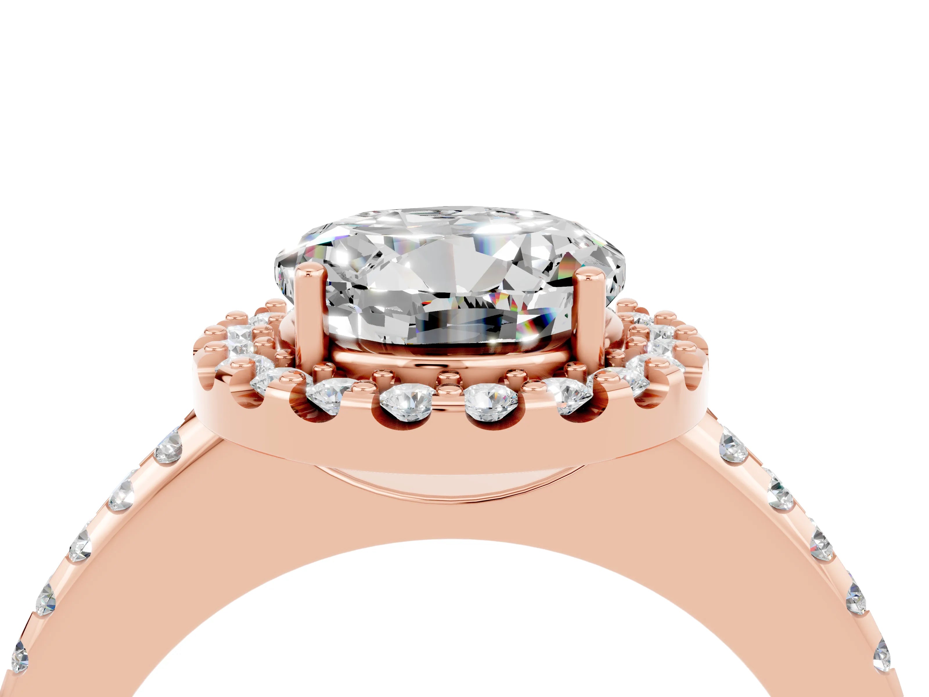 Rose gold Round Cut Moissanite Pavé Halo Ring with Four-Prong Setting_16