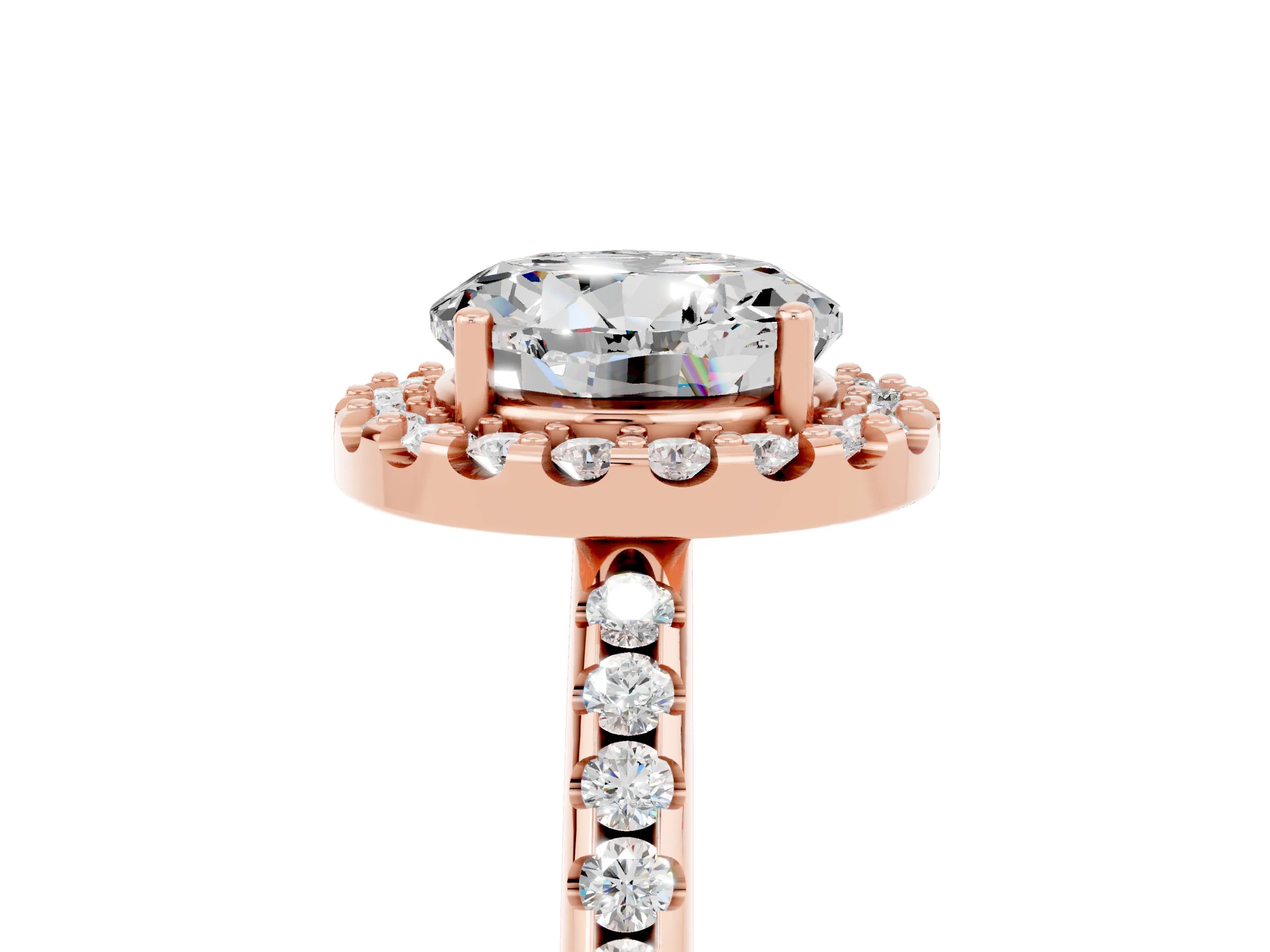 Rose gold Round Cut Moissanite Pavé Halo Ring with Four-Prong Setting_17