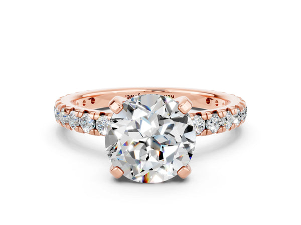 Rose gold Round Cut Moissanite Pavé Solitaire Ring with Round Band and Prong Setting