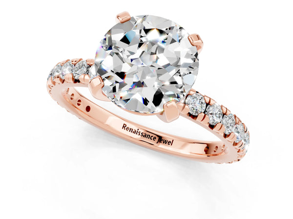 Rose gold Round Cut Moissanite Pavé Solitaire Ring with Round Band and Prong Setting