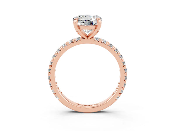 Rose gold Round Cut Moissanite Pavé Solitaire Ring with Round Band and Prong Setting