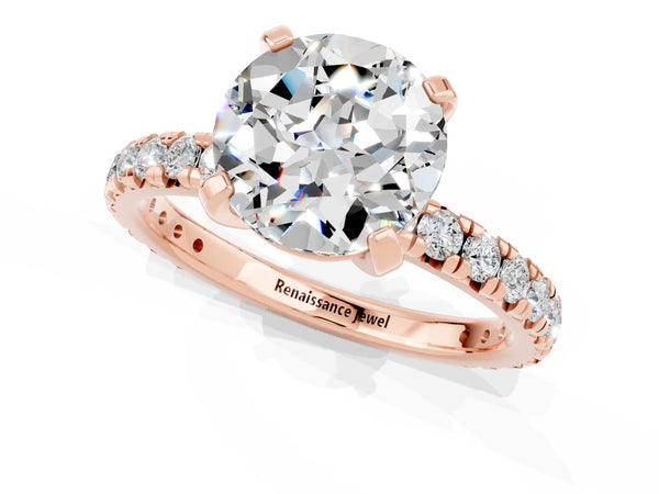 Rose gold Round Cut Moissanite Pavé Solitaire Ring with Round Band and Prong Setting
