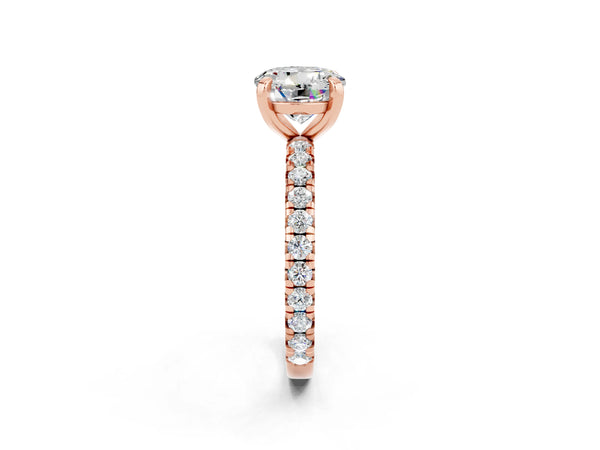 Rose gold Round Cut Moissanite Pavé Solitaire Ring with Round Band and Prong Setting