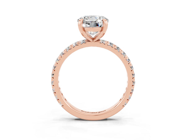 Rose gold Round Cut Moissanite Pavé Solitaire Ring with Round Band and Prong Setting