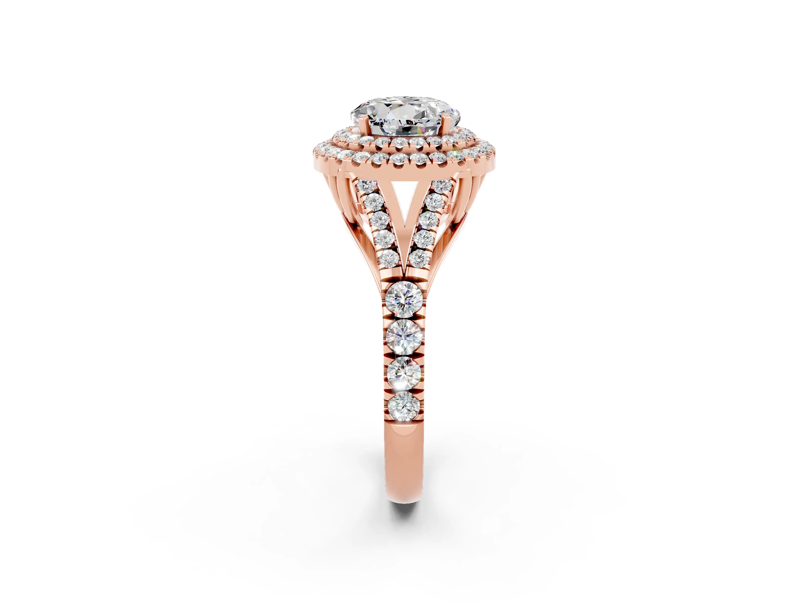 Rose gold Round Cut Moissanite Pavé Split Shank Double Halo Engagement Ring_2