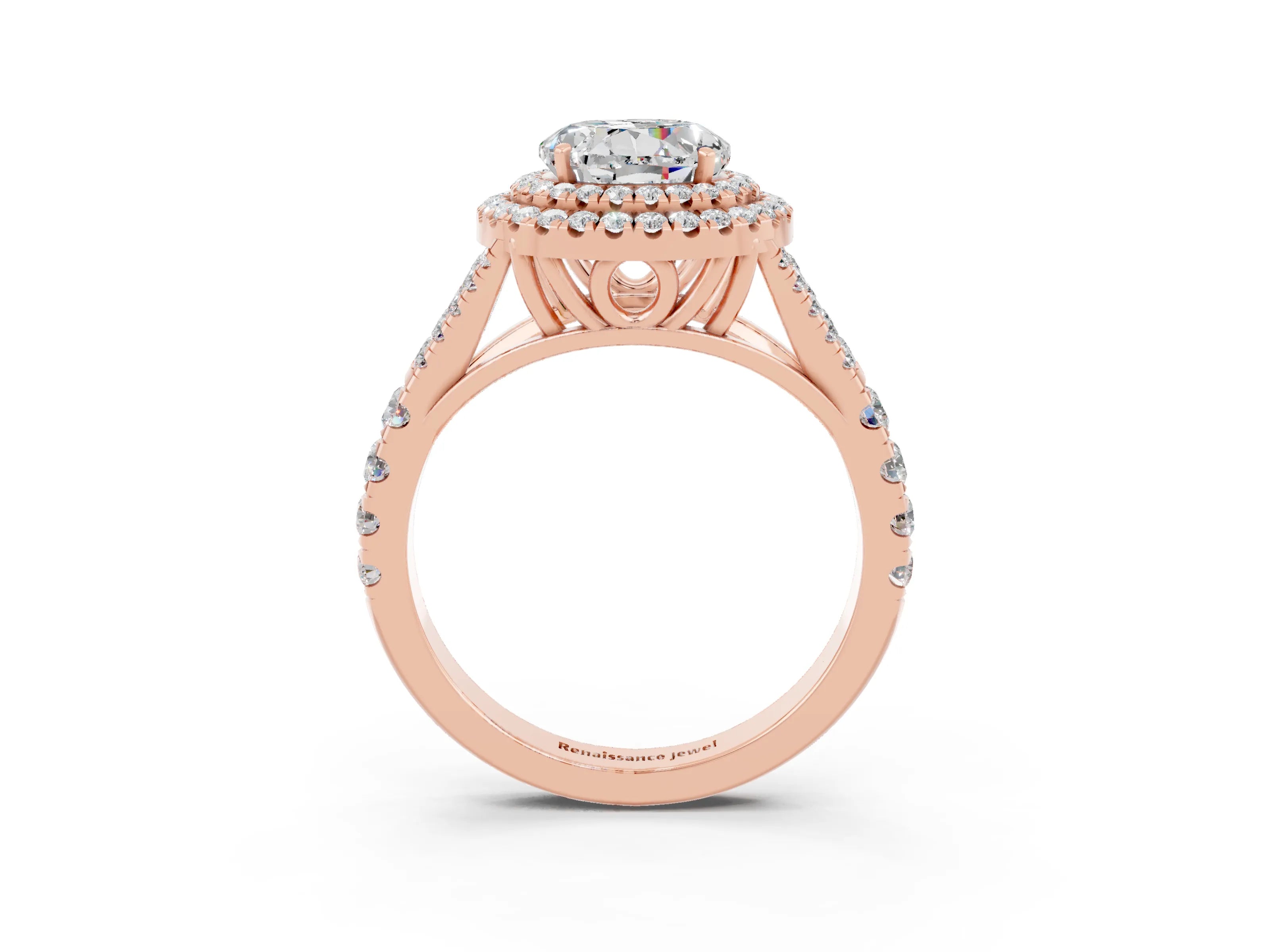 Rose gold Round Cut Moissanite Pavé Split Shank Double Halo Engagement Ring_3
