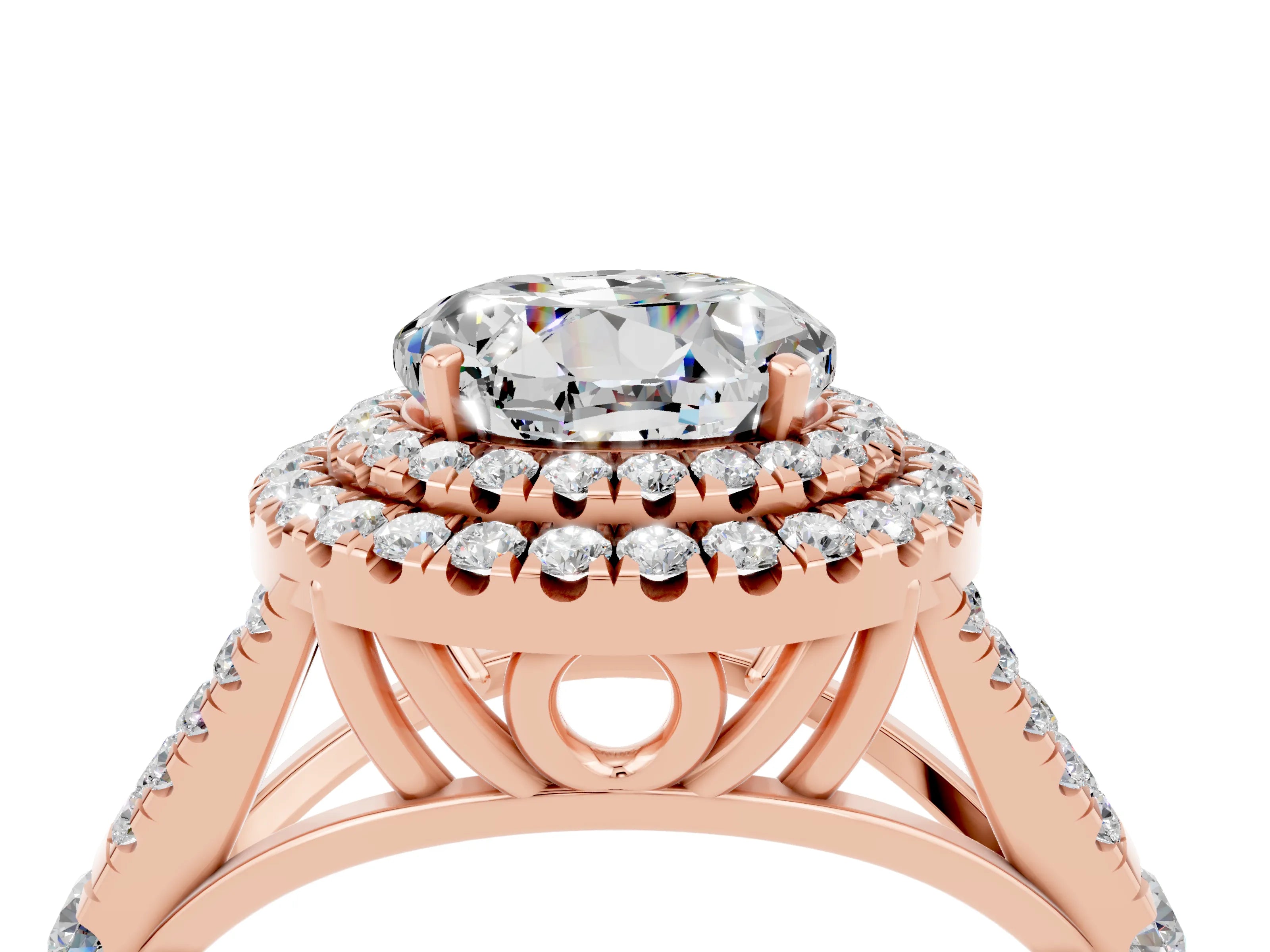 Rose gold Round Cut Moissanite Pavé Split Shank Double Halo Engagement Ring_4