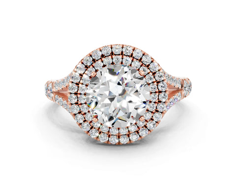 Rose gold Round Cut Moissanite Pavé Split Shank Double Halo Engagement Ring
