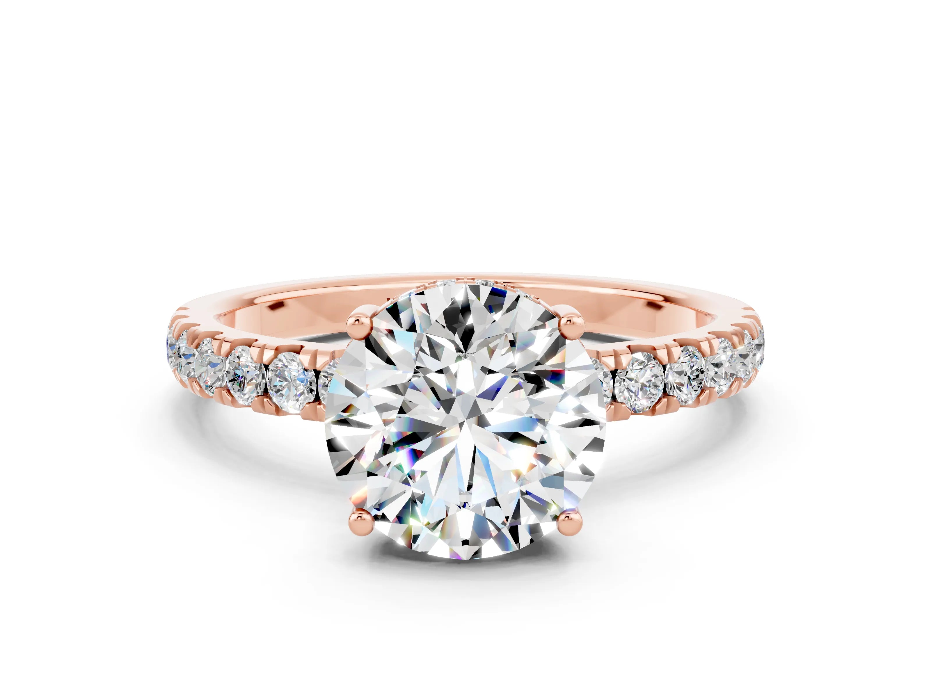 Rose gold Round Cut Moissanite Pave Band Solitaire Ring with Four-Prong Setting_24