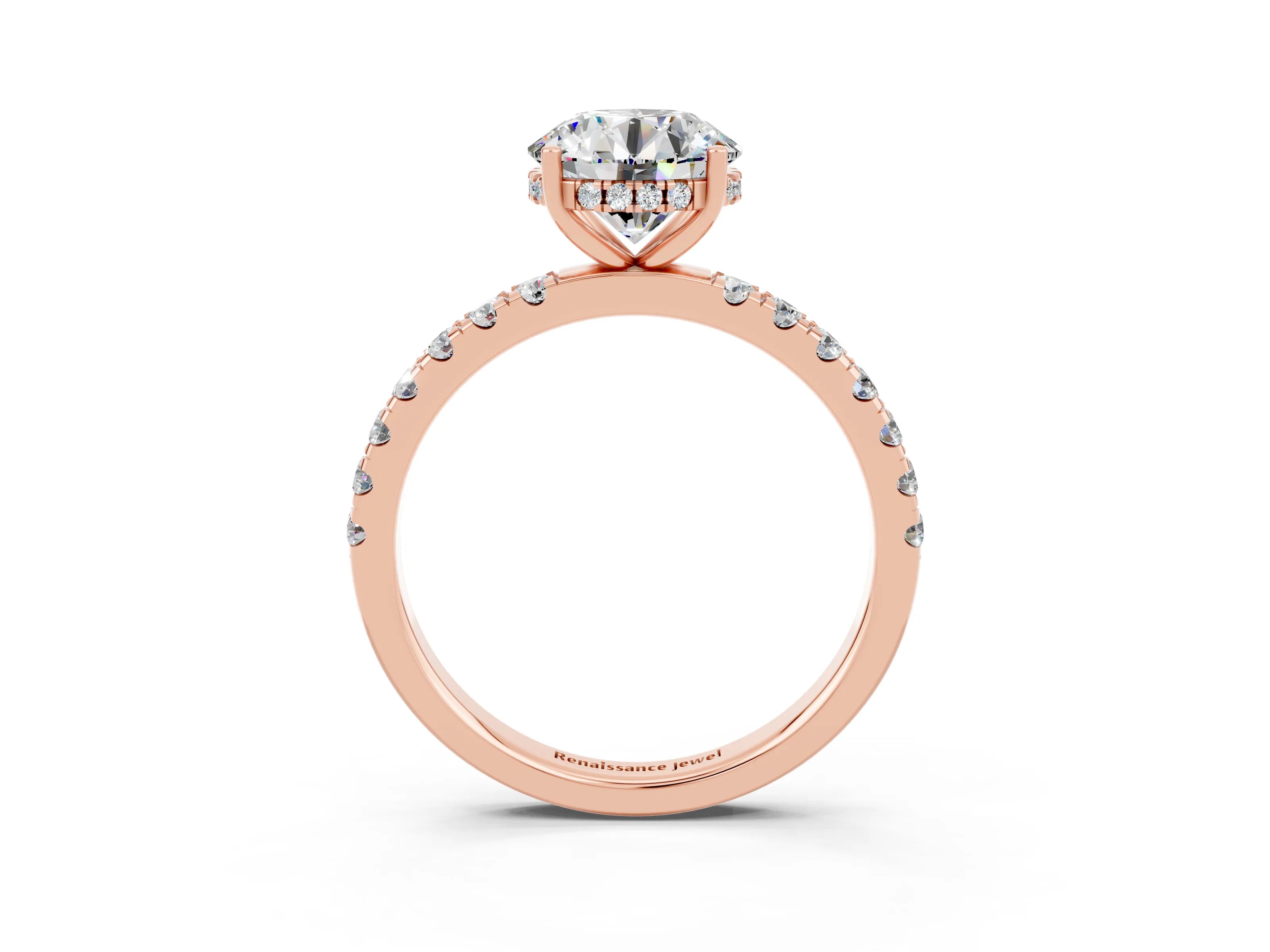 Rose gold Round Cut Moissanite Pave Band Solitaire Ring with Four-Prong Setting_27