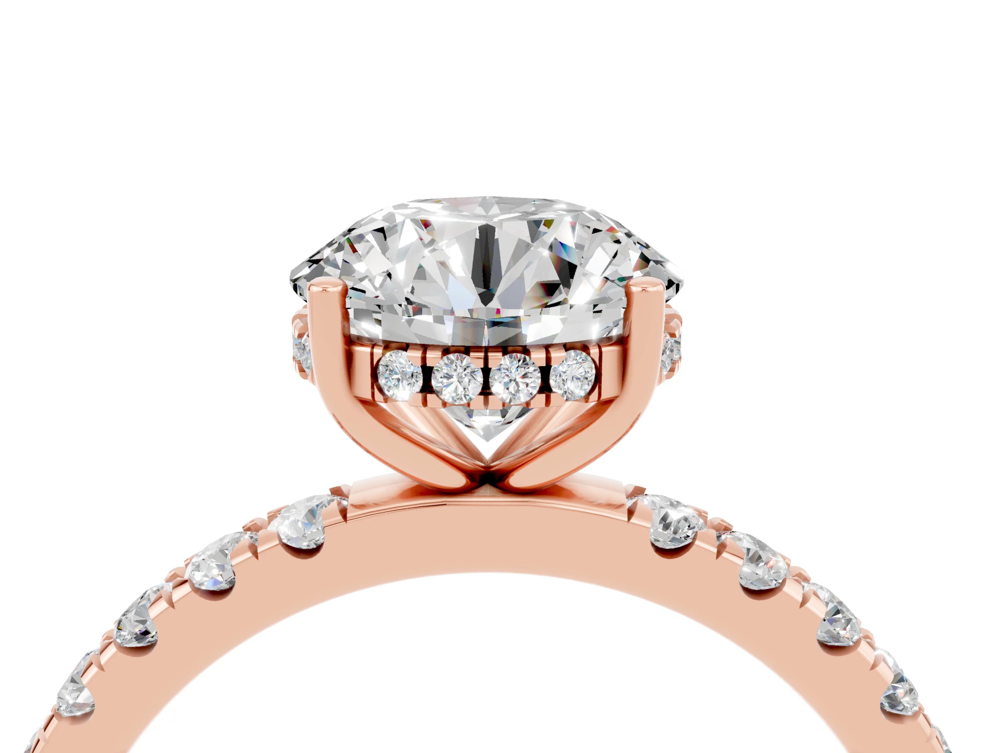 Rose gold Round Cut Moissanite Pave Band Solitaire Ring with Four-Prong Setting_28