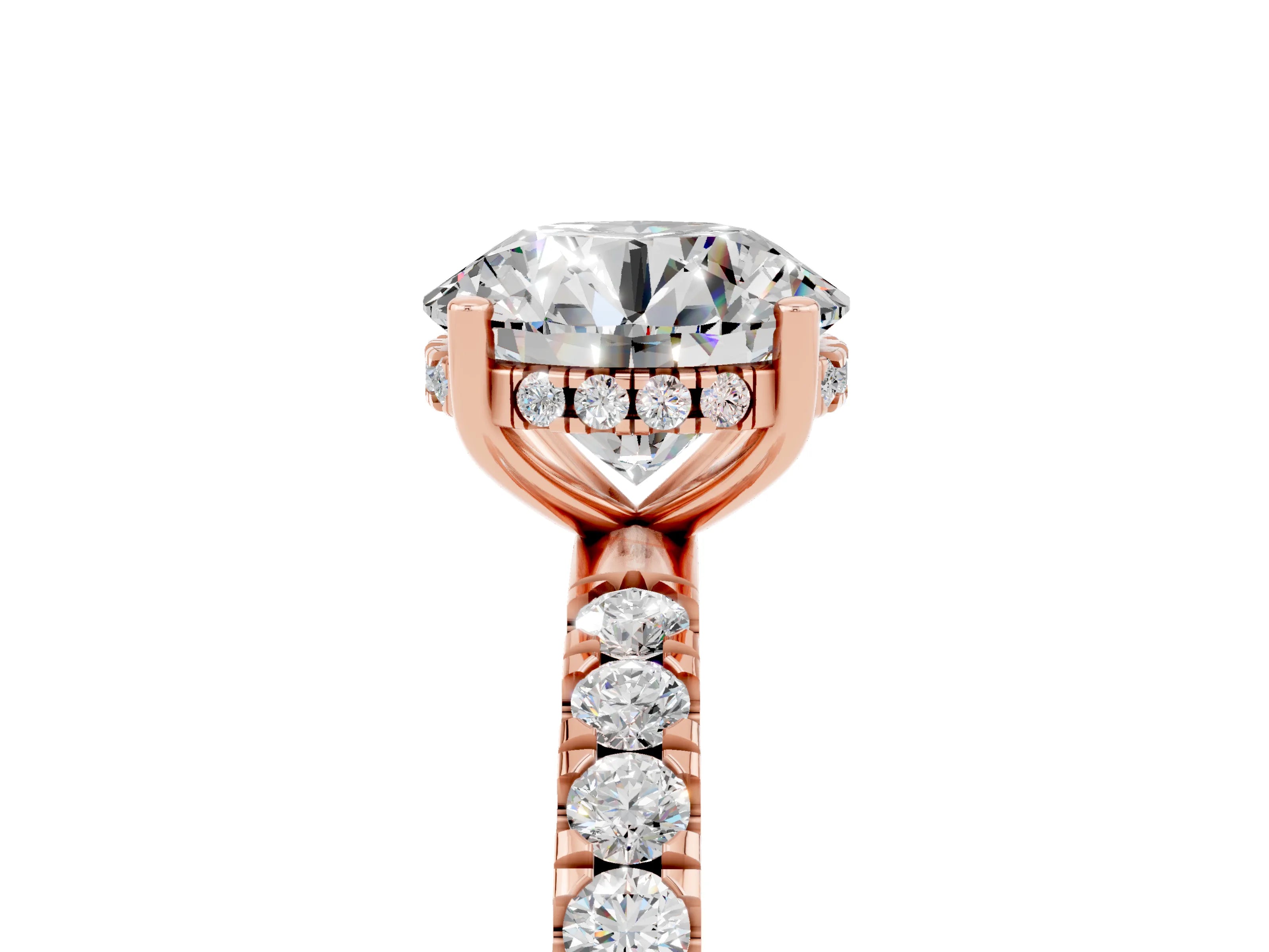 Rose gold Round Cut Moissanite Pave Band Solitaire Ring with Four-Prong Setting_29