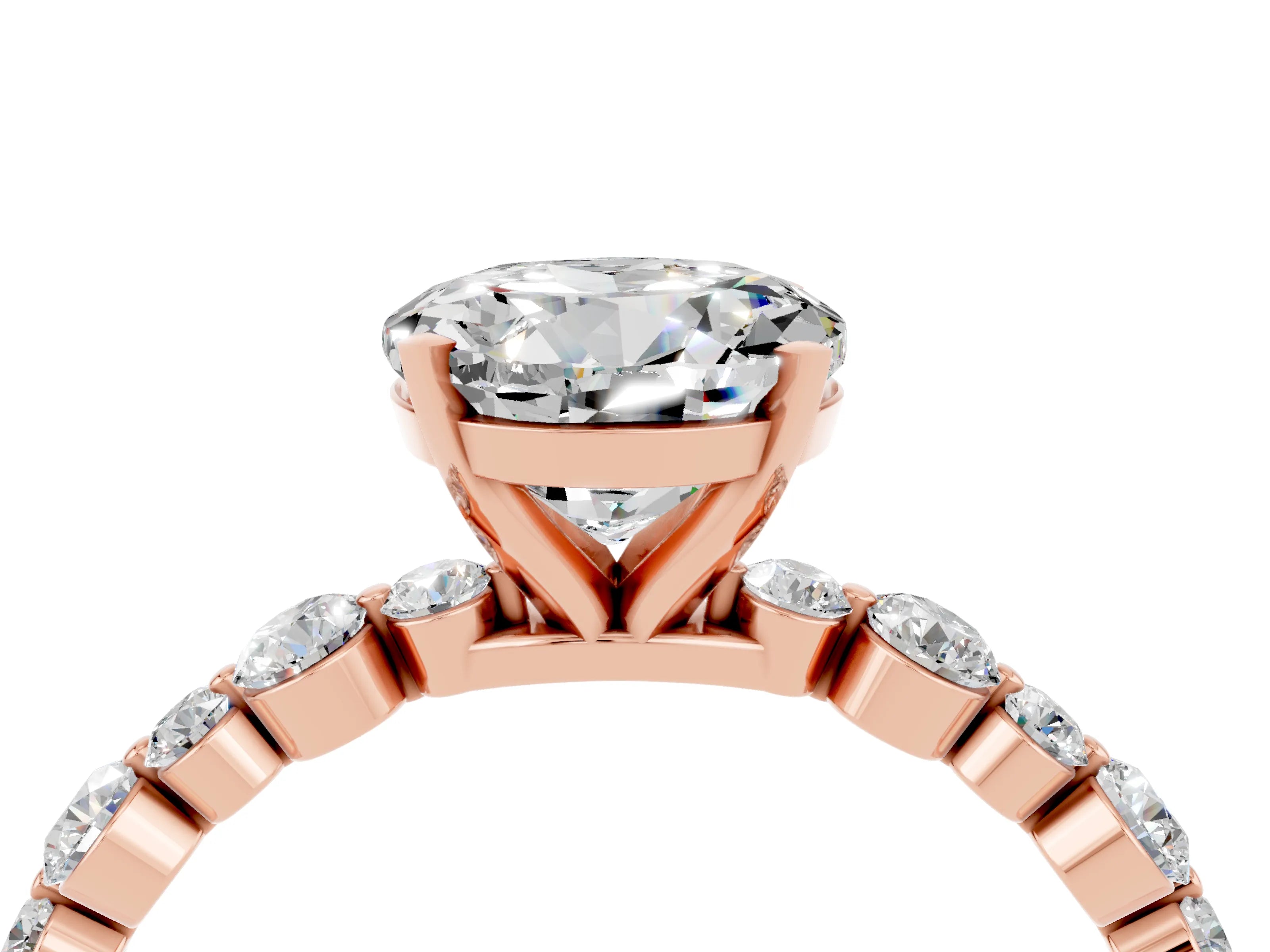 Rose gold Round Cut Moissanite Prong Set Engagement Ring with Pavé Band_4
