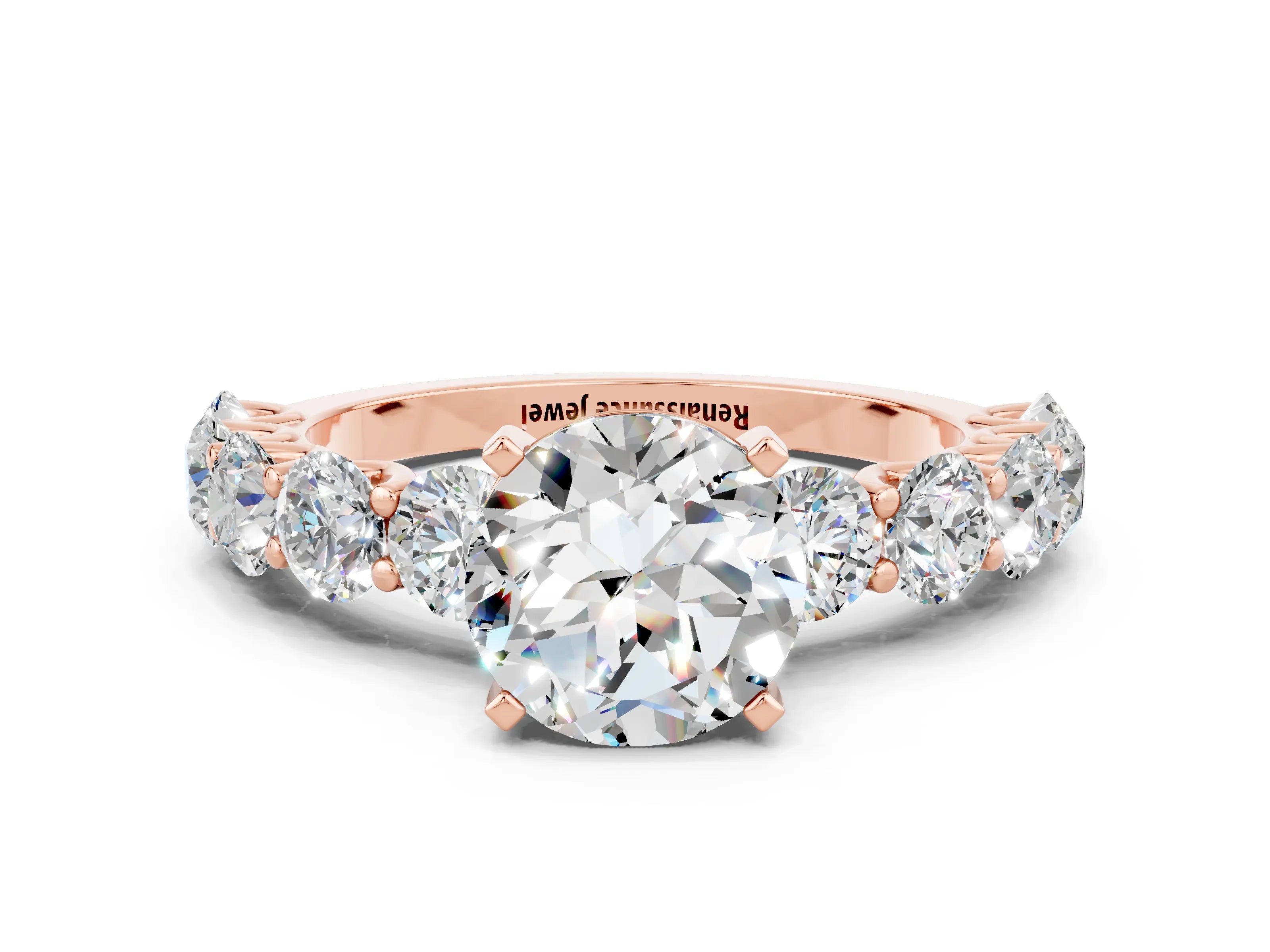 Rose gold Round Cut Moissanite Prong Setting with Side Stones on a Pave Band
