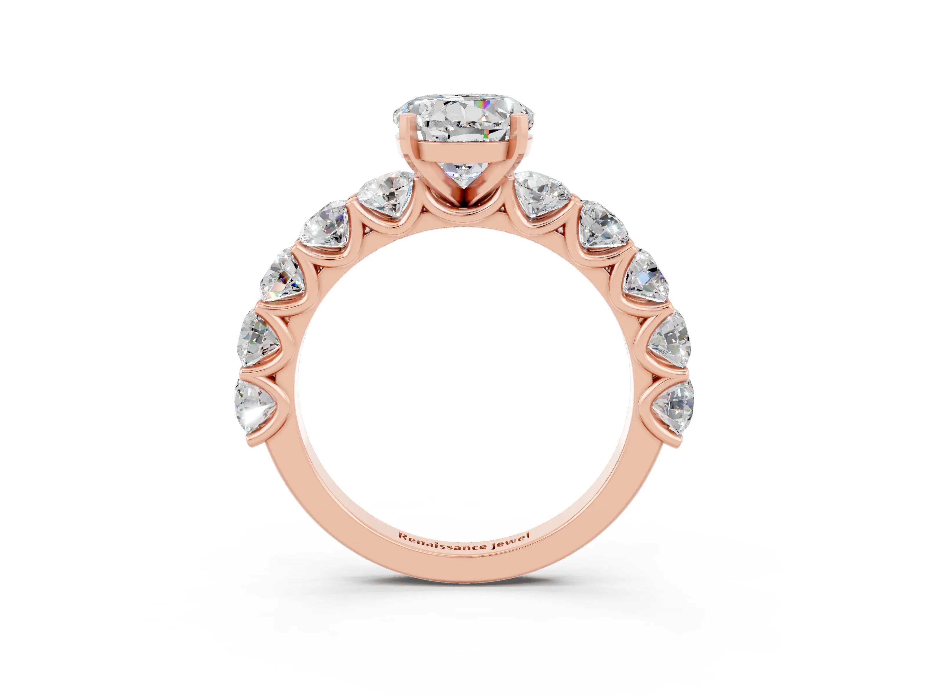 Rose gold Round Cut Moissanite Prong Setting with Side Stones on a Pave Band_3