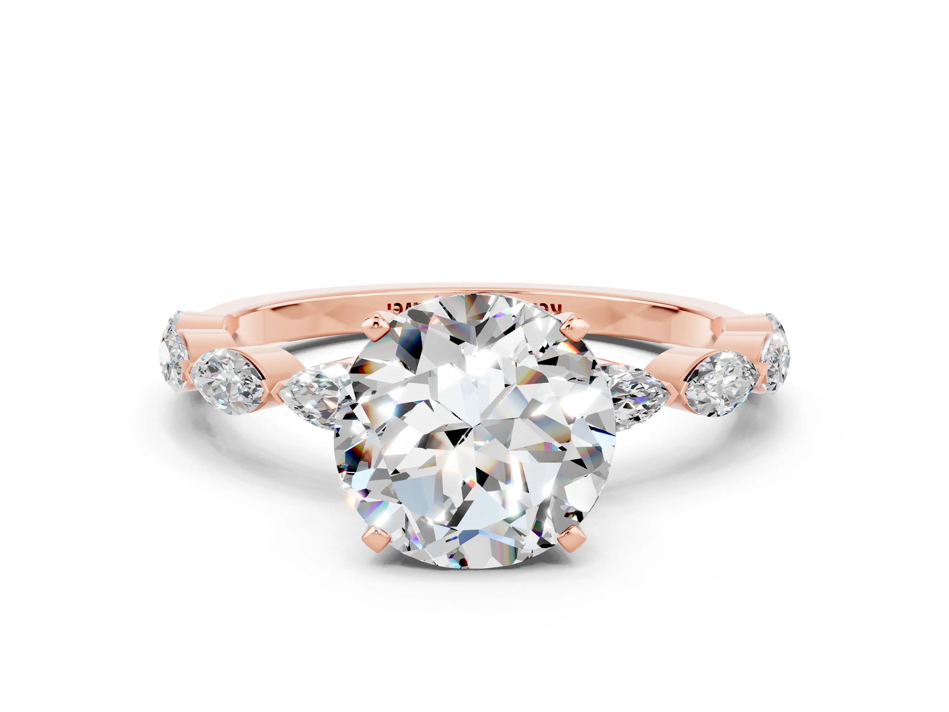 Rose gold Round Cut Moissanite Ring with Marquise Side Stones and Prong Setting