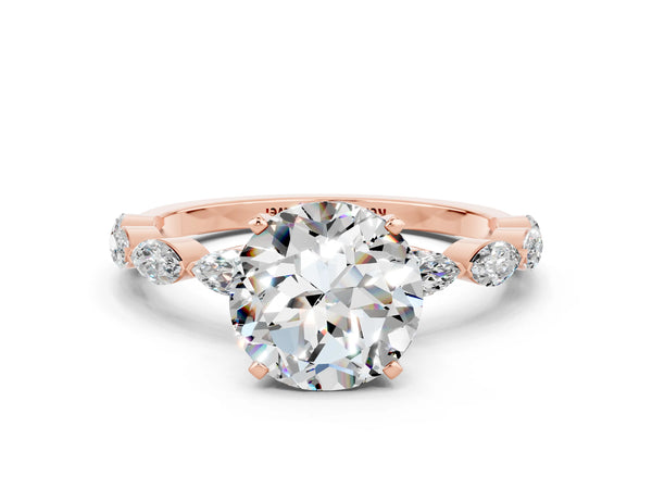 Rose gold Round Cut Moissanite Ring with Marquise Side Stones and Prong Setting