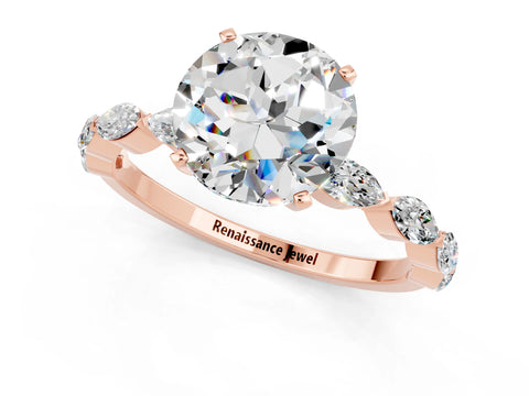 Rose gold Round Cut Moissanite Ring with Marquise Side Stones and Prong Setting_1