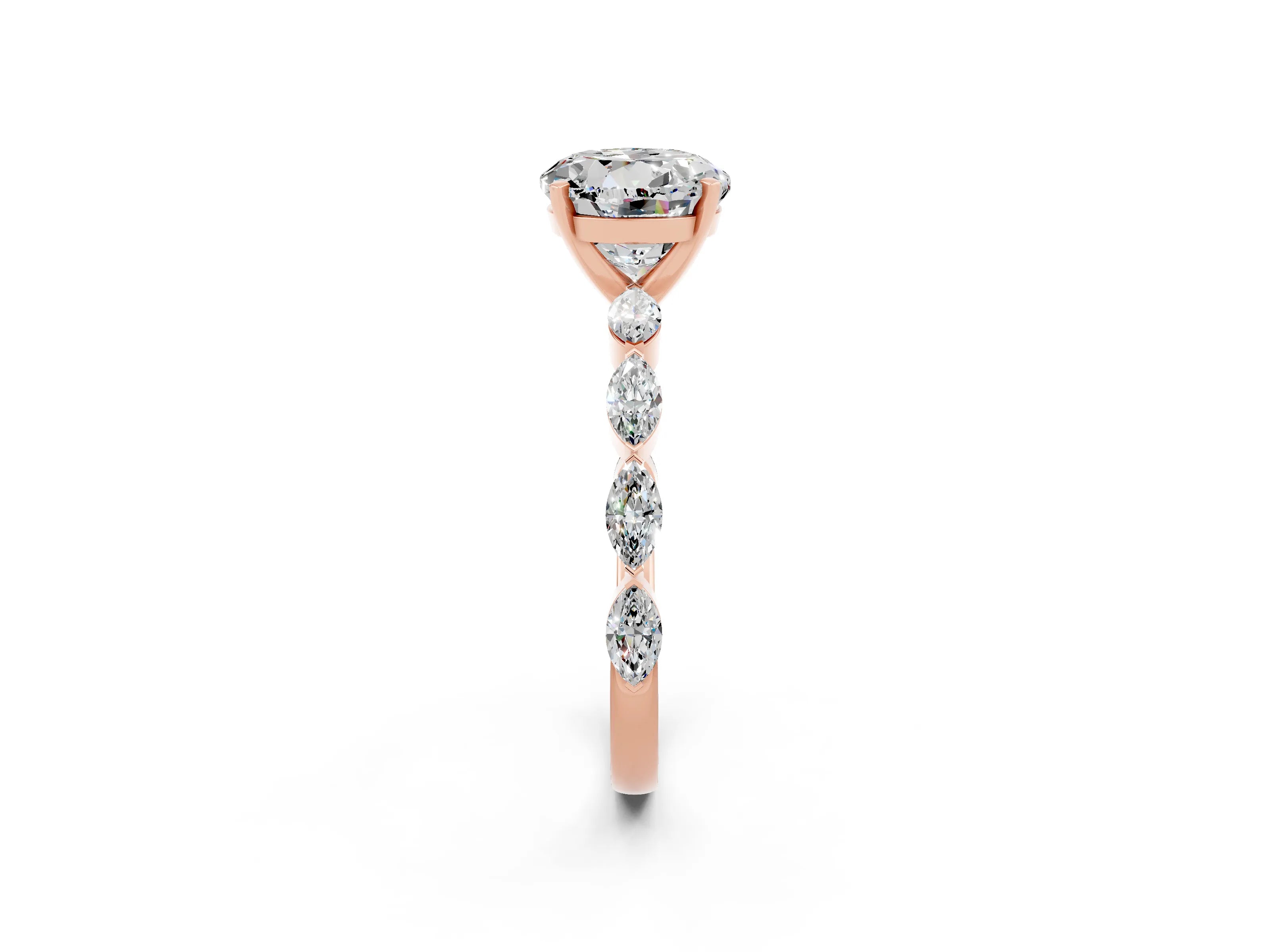 Rose gold Round Cut Moissanite Ring with Marquise Side Stones and Prong Setting_2