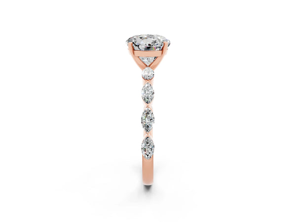 Rose gold Round Cut Moissanite Ring with Marquise Side Stones and Prong Setting