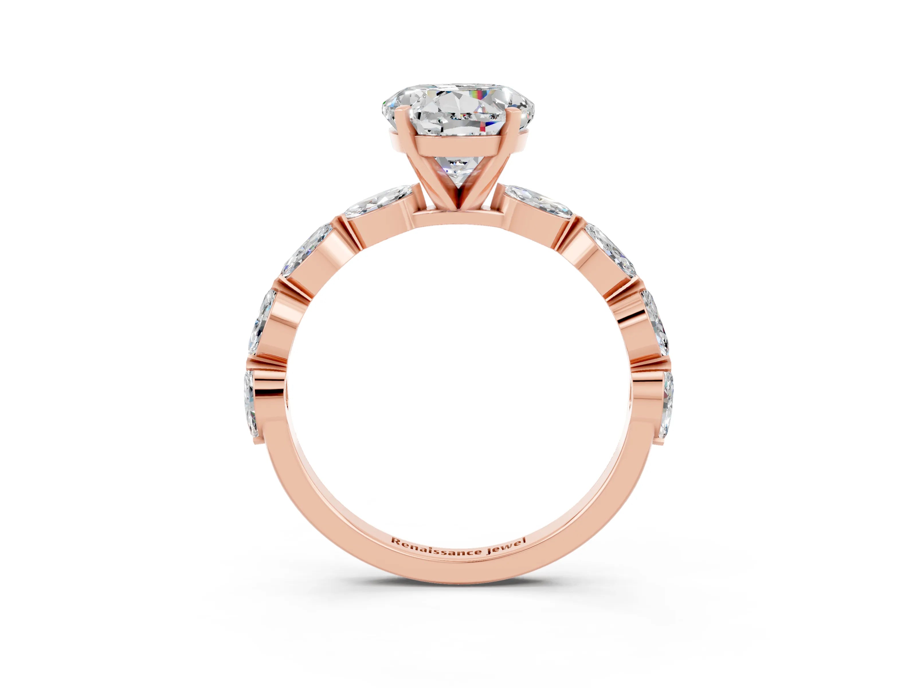 Rose gold Round Cut Moissanite Ring with Marquise Side Stones and Prong Setting_3