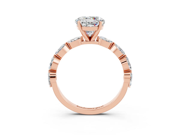 Rose gold Round Cut Moissanite Ring with Marquise Side Stones and Prong Setting