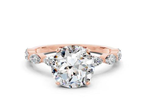 Rose gold Round Cut Moissanite Ring with Marquise Side Stones and Prong Setting