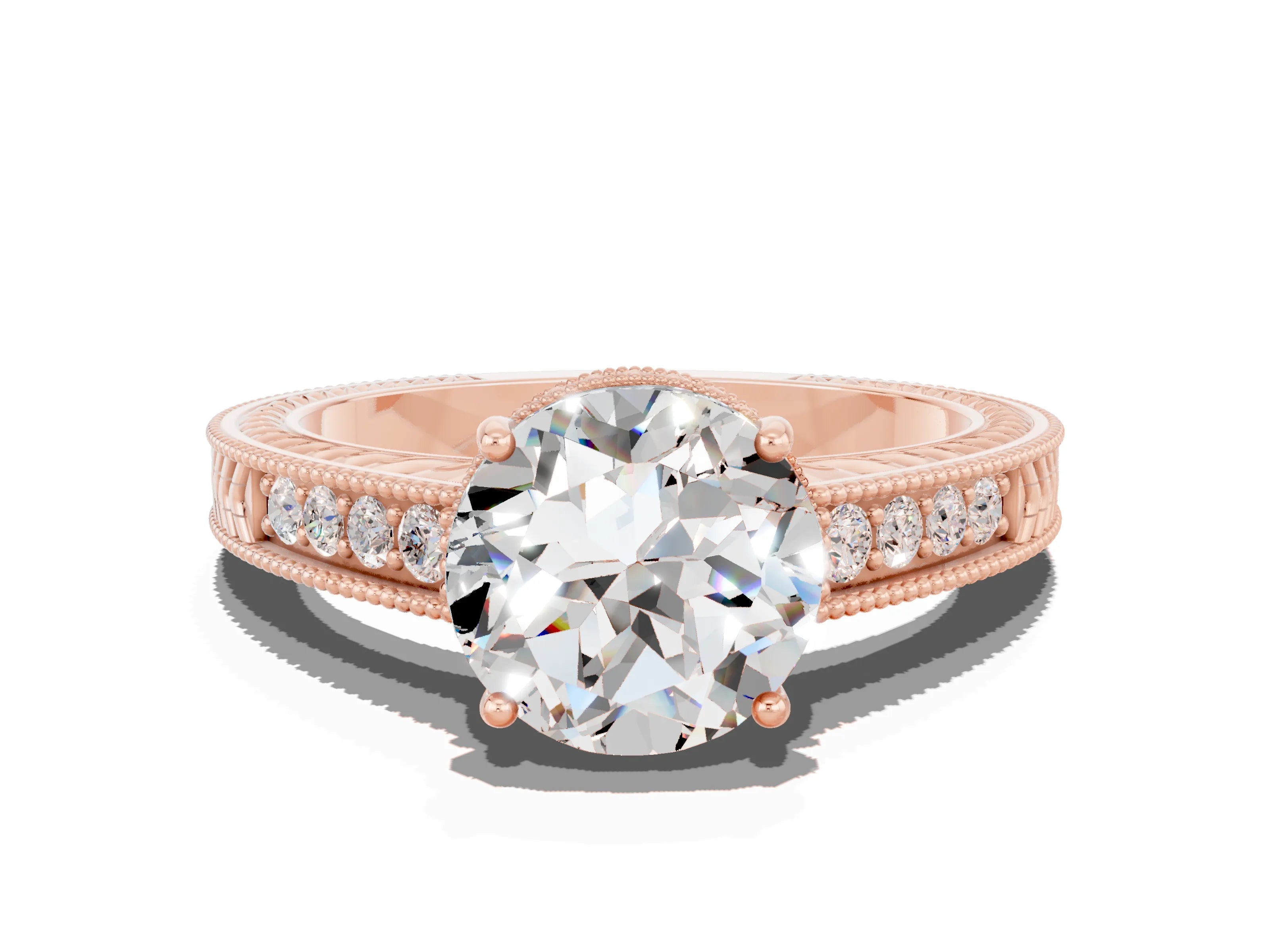 Rose gold Round Cut Moissanite Ring with Milgrain Pavé Band and Four-Prong Setting_12