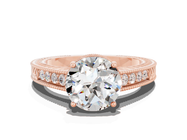Rose gold Round Cut Moissanite Ring with Milgrain Pavé Band and Four-Prong Setting