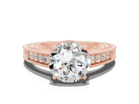 Rose gold Round Cut Moissanite Ring with Milgrain Pavé Band and Four-Prong Setting_12