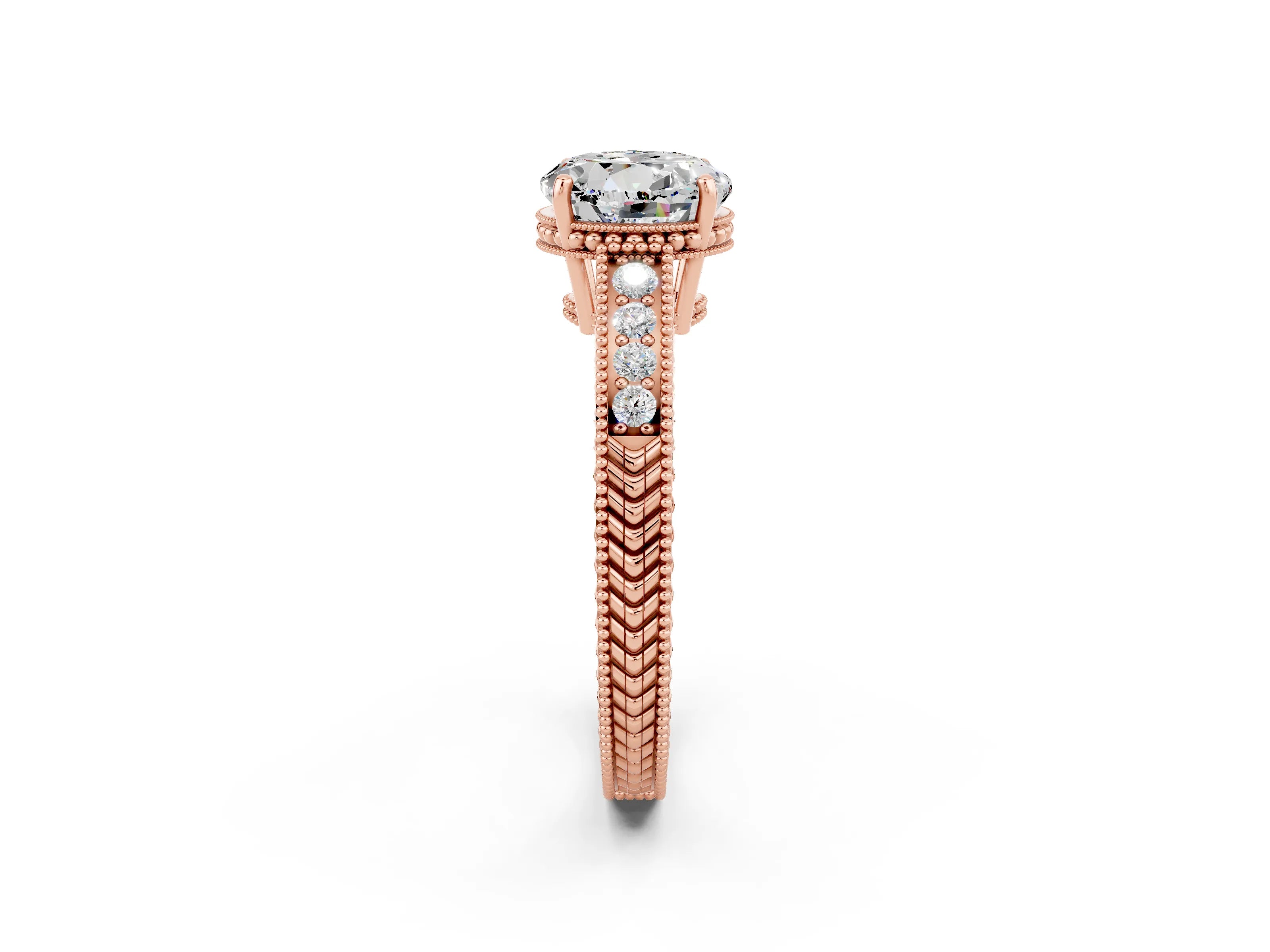 Rose gold Round Cut Moissanite Ring with Milgrain Pavé Band and Four-Prong Setting_14