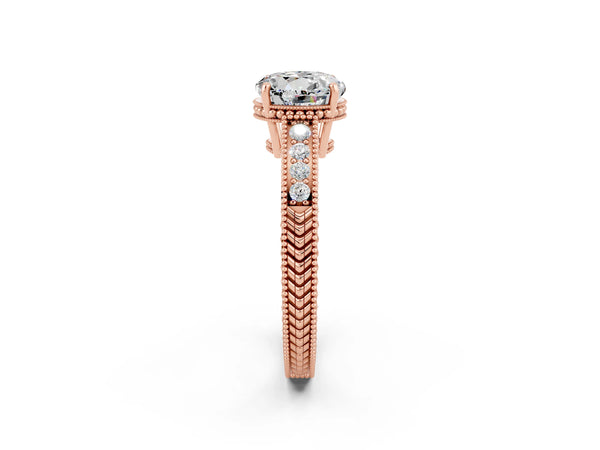 Rose gold Round Cut Moissanite Ring with Milgrain Pavé Band and Four-Prong Setting